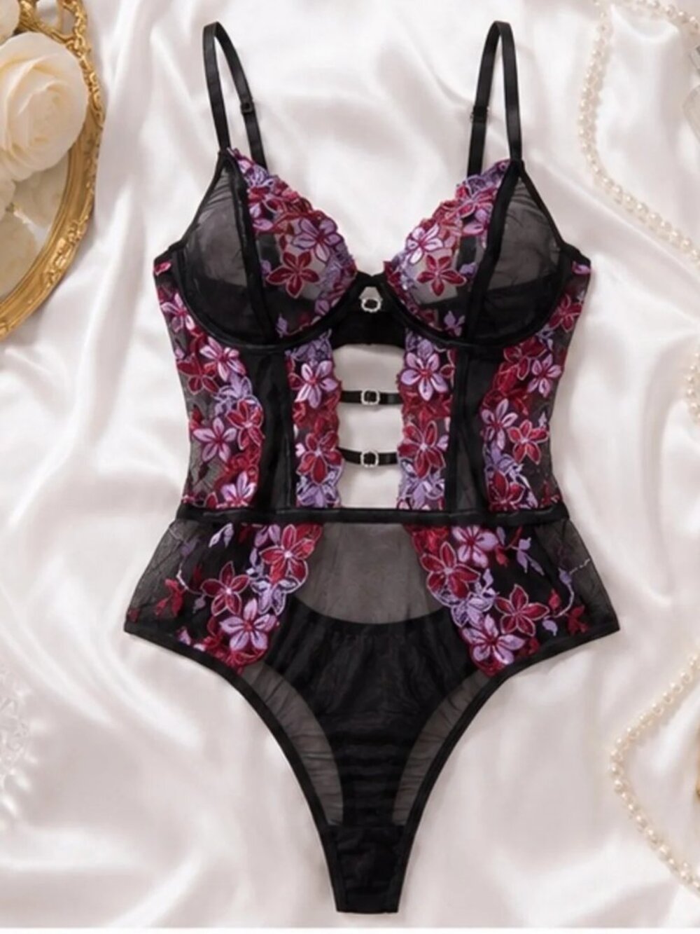 Floral Embroidered Mesh Teddy Bodysuit Lingerie – Black with Burgundy & Lavender